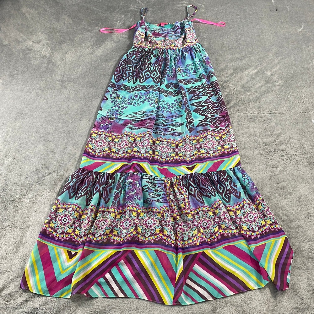 Betsey Johnson Maxi Dress Womens 2 Teal Purple Paisley Boho Tiered Chiffon Lined
